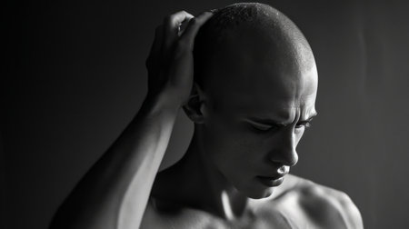 black and white men in deep thought hair loss in early adulthood AI generatedの素材