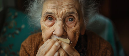 Close up old woman emotional Wrinkled face challenges of aging society AI generatedの素材