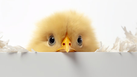 Animal rights concept A cute yellow chick peeking over the edge of a box surrounded by white paper. AI generatedの素材