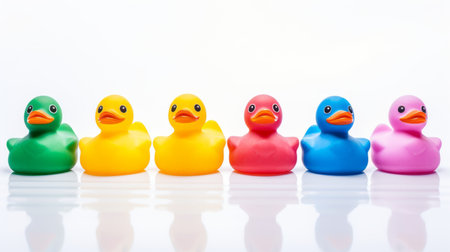 Colorful rubber ducks in a row on white background AI generatedの素材