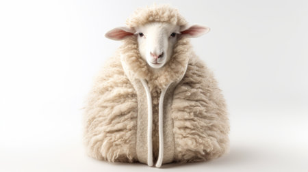 Animal rights concept a sheep in a wool bag on white background AI generatedの素材