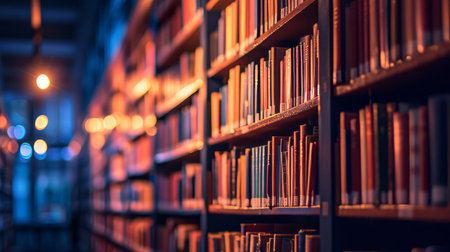 bookstore at night with warm light shelves filled with books AI generatedの素材