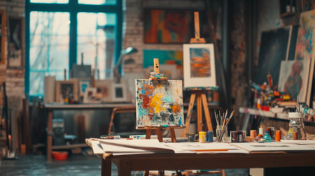 messy artist studio with paintings sketches canvases and art supplies messy environment. AI generatedの素材