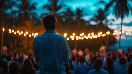 A man look at an event performance in front of them. with palm trees at night AI generatedの素材