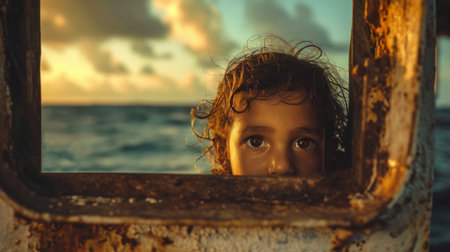 an immigrant child looking at the ocean during sunset AI generatedの素材