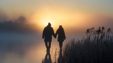Aging Society old couple holding hands walk in a calm and misty lake sunset AI generatedの素材