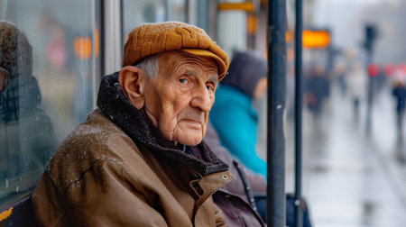 Aging Society Old man wearing a coat and hat sitting at a bus stop during winter waits for the bus AI generatedの素材