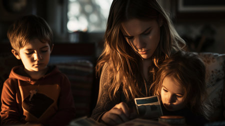 Stress single mom and empty wallet with two children solo parenting.AI generatedの素材