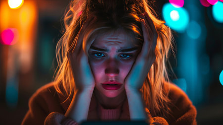 hidden emotional woman teenager staring at smartphone with hateful messages cyberbullying AI generatedの素材