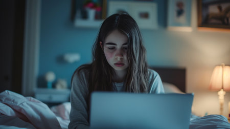 teenage girl experiencing cyberbullying sitting alone in bedroom with laptop AI generatedの素材