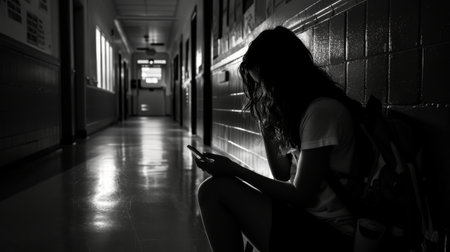 a woman student look over her phone in school hallway experiencing cyberbullying messages online. AI generatedの素材