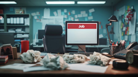 job searching unemployment office desk with mess resume and computer AI generatedの素材