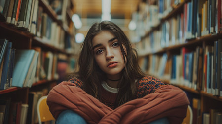 bullying in school teenager girl sitting alone in library with book AI generatedの素材
