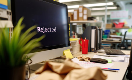 job rejection unemployment office desk with mess resume a computer screen displaying Rejected AI generatedの素材