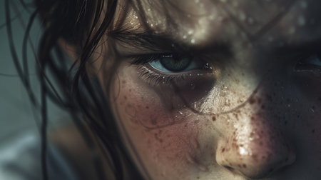 close up of angry teenage europe woman  face stare at camera dark tone AI generatedの素材