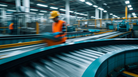 Work overload factory worker in a manufacturing conveyor belts moving with automated machine AI generatedの素材