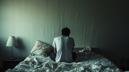 depression young man sitting on bed staring into the wall facing away AI generatedの素材