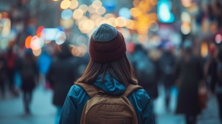 depression woman walking alone on a busy street full with people loneliness  with mental illness AI generatedの素材