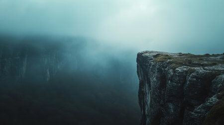 Rock cliff edge against a fog and clound dark sky with mountain AI generatedの素材