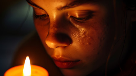 Europe woman pimpled face near soft  candlelight AI generatedの素材