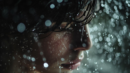 close up of woman standing in the rain experience mental illness AI generatedの素材