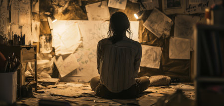 depression woman sitting in a room with crumpled sketches art supplies facing away AI generatedの素材