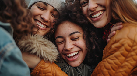 happy moment with friends group of woman hugging and laughing AI generatedの素材