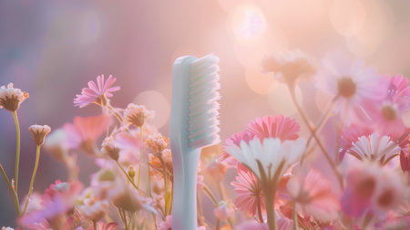 Dental Care toothbrush and blooming pink flowers soft pastel colors backdrop AI generatedの素材