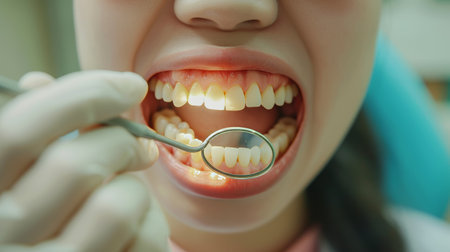 Dental Care patient open mouth with healthy teeth examine by dentist using professional tools AI generatedの素材