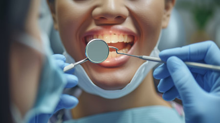patient receiving professional dental care dentist holding a mirror to mouth oral health AI generatedの素材