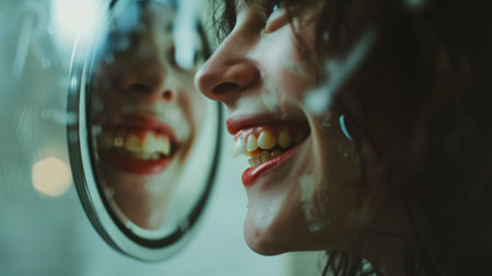 a woman with simle reflecting on mirror  dental health and hygiene. AI generatedの素材