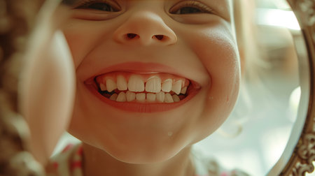 oral hygiene Dental Care in kid mirror reflecting girl smile white teeth AI generatedの素材