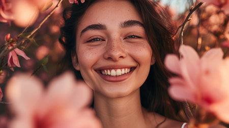 Beautiful woman with a blushing smile and white teeth against a pink floral background. AI generatedの素材