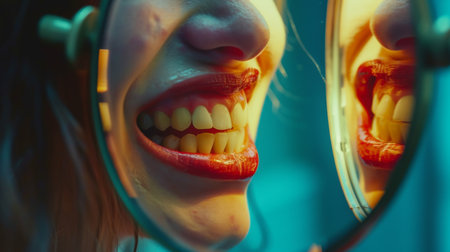 clean healthy teeth woman smile into a mirror with lipstick regular dental care and oral hygiene. AI generatedの素材