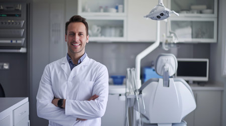 professional dentist standing in clinic smile with perfect white teeth clean organized clinic. AI generatedの素材