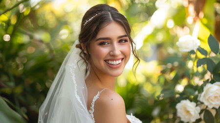 a bride in wedding dress in wedding day smile with bright white teeth roses garden background AI generatedの素材