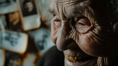 close up elderly old woman smiling sadly with yellow teeth family photograph backdrop AI generatedの素材