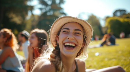 Park Picnic woman Friends Laughing in Sunlight AI generatedの素材
