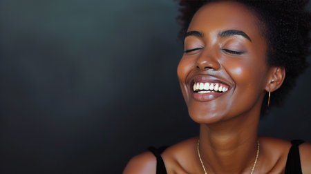 Bright Smile African Black Woman Dental Care dark backdrop AI generatedの素材