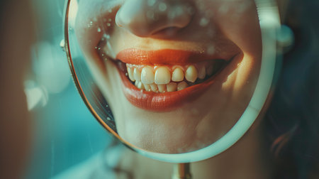 healthy smile woman reflecting in a mirror with perfect white teeth and lipstick AI generatedの素材