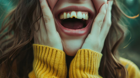 Dental Care a yellow teeth woman avoiding smiling laughing in public AI generatedの素材