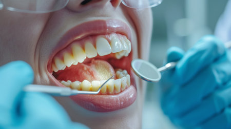 ental check up a dentist holding a mirror to mouth with yellow and decay teeth AI generatedの素材