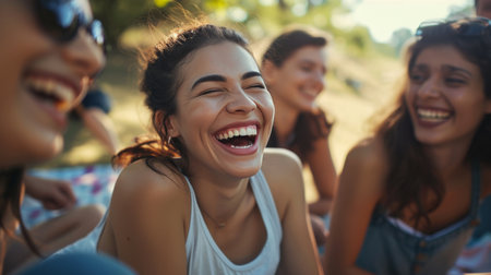 a group of Friends Picnicking in the Park laughing in the sunlightの素材