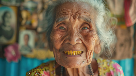 Elderly woman with a sad smile and yellow teeth in front of family photos AI generatedの素材
