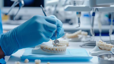 dental laboratory technician crafting a custom dental restoration using advanced CAD/CAM technology AI generatedの素材