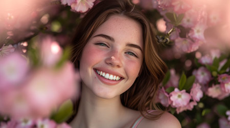 a woman teeth model show blushing bright teeth smile against pink flower backdrop AI generatedの素材
