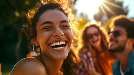 a group of friends laughing with white teeth in the sunlight during a picnic in the park AI generatedの素材