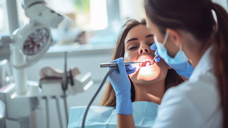 dental care woman dentist cleaning on a patient teeth on dental chair in clean and modern clinic AI generatedの素材