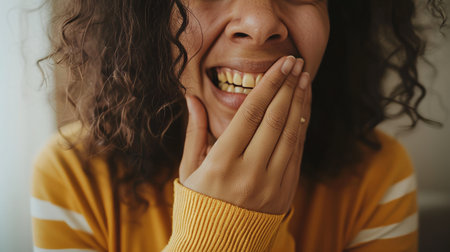 Woman Avoiding Public Smiles Dental Care a yellow teeth woman AI generatedの素材