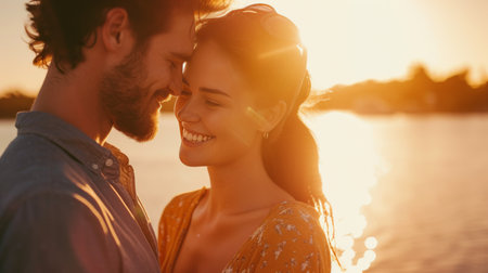 Smiling Couple by the Lake at Sunset background AI generatedの素材